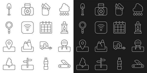 Set line Swiss army knife, Barbecue grill, Camping lantern, Lighter, Wi-Fi wireless internet, Magnifying glass, Shovel and Calendar icon. Vector — Stockvector