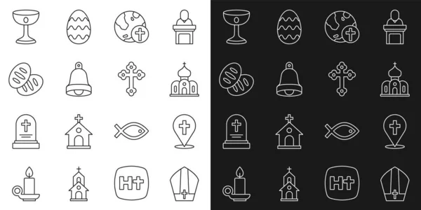 Set line Pope hat, Location church building, Church, Christian cross with globe, bell, bread, chalice and icon. Vector — Vetor de Stock