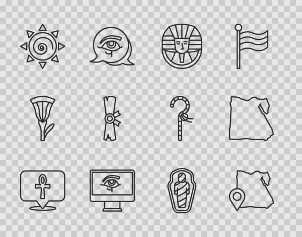 Set line Cross ankh, Map of Egypt, Egyptian pharaoh, Eye Horus on monitor, Sun, Papyrus scroll, mummy in sarcophagus and icon. Vector — Stock Vector