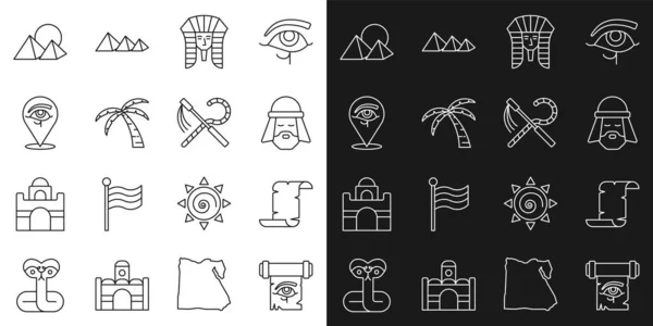 Set line Eye of Horus on papyrus scroll, Papyrus, Egyptian man, pharaoh, Tropical palm tree, pyramids and Crook and flail icon. Vector — Vector de stock