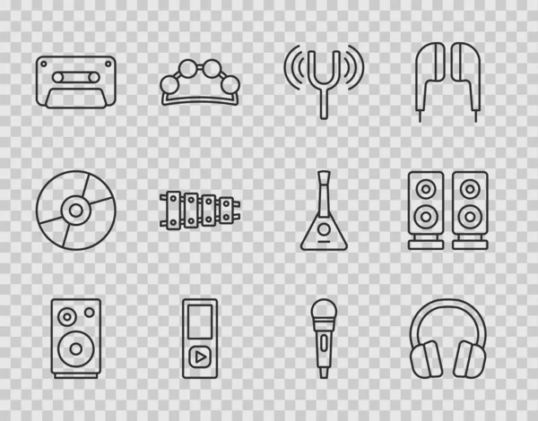 Set line Stereo speaker, Hoofdtelefoon, Muzikale stemvork, speler, Retro audio cassette tape, Xylophone, Microfoon en icoon. Vector — Stockvector