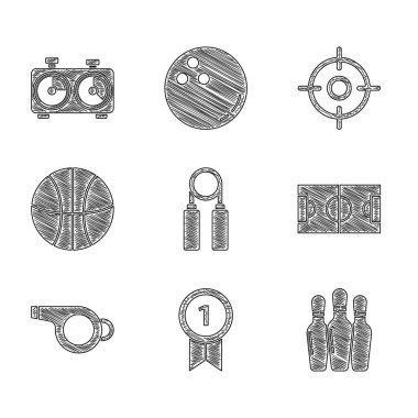 Set Sport genişleticisi, madalya, bovling pimi, futbol sahası, Whistle, basketbol, hedef sporu ve satranç saati ikonu. Vektör