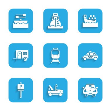 Tren ve demiryolu, çekici, araba, taksi, otopark, karavan, kutulu kargo gemisi ve tekne kürekleri ikonu. Vektör