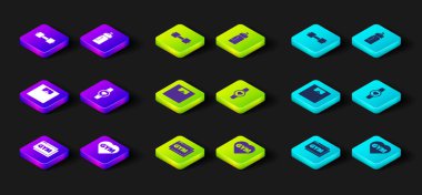 Çevrimiçi fitness ve antrenman, fitness salonu kalbi, banyo terazisi, Smartwatch, Shaker ve Dumbbell ikonu. Vektör