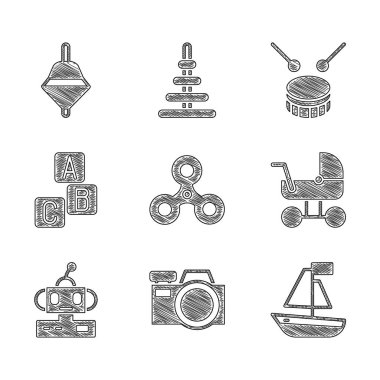Set Fidget spinner, Photo camera, Toy boat, Baby stroller, Robot toy, ABC blocks, Drum with drum sticks and Whirligig icon. Vector