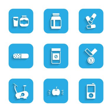 Anabolik ilaçlar, Apple, Music player, Medal, Stationary bike, Vitamin hapı ve Spor beslenme ikonu. Vektör