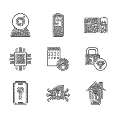 Hava nemlendirici, Akıllı ev, akıllı dijital kapı kilidi, anahtar, işlemci işlemcisi, çoklu ortam ve televizyon kutusu alıcısı ve web kamera ikonu olan mobil. Vektör