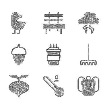 Kahve fincanını hazır et, Meteoroloji termometresi, okul çantası, bahçe tırmığı, pancar, meşe palamudu, fırtına ve küçük civciv ikonu. Vektör