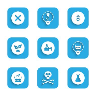 Set Fabrikası üretimi, Kemikler ve Kafatası Uyarısı, Test tüpü şişesi, Yıkama, El Çamaşırları, Fabrika tabanlı, Buğday ve X Mark, Çapraz Çember ikonu. Vektör