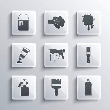 Boya fırçası, sprey boya kutusu, silah, boya paletli tüp, kova ve ikon. Vektör