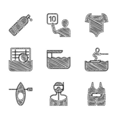 Dalış tahtası veya sıçrama tahtası, dalgıç kıyafeti, can yeleği, su kayakçısı, kano ve kürek, polo, mayo ve Aqualung ikonu. Vektör