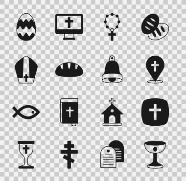 Hıristiyan kadehi, haç, kilise binası, tespih, din, ekmek, Papa şapkası, Paskalya yumurtası ve kilise ikonu. Vektör