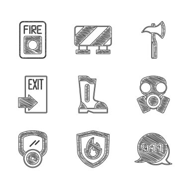 İtfaiye botları, koruma kalkanı, 911 'i arayın, gaz maskesi, çıkış, itfaiye baltası ve alarm sistemi ikonu. Vektör