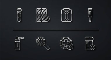 Kan testi tüpü, şişe hortumu spreyi, tıbbi dijital termometre, Cross hastanesi sağlık sigortası arama için büyüteç, ilaç şişesi, ilaç şişesi ve röntgen ikonu hazırlayın. Vektör