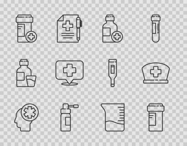 Erkek kafasını hastane, ilaç şişesi, ilaç şurubu, hortum spreyi, harita işaretleyici haçı, ölçü kabı ve hemşire şapkası ikonu ile ayarla. Vektör