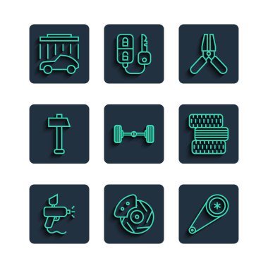 Çizgi boyası sprey tabancası, kalibreli araba fren diski, zaman ayarlı kemer takımı, pilli güç kablosu, Chassis arabası, Hammer, yıkama ve tekerlek ikonu. Vektör