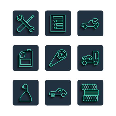 Hat değiştirici, bozuk araba, araba tekerleği, otomatik kontrol otomobili, emniyet kemeri kiti, motor yağı için teneke kutu, tornavida, İngiliz anahtarı ve taşıyıcı kamyon ikonu. Vektör