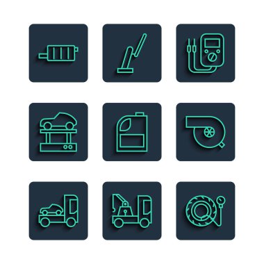 Hat arabası nakil aracı, çekici, lastik basınç göstergesi, çok ölçü, motor yağı için teneke kutu, asansörde tamir arabası, egzoz susturucusu ve otomotiv turbo-şarj ikonu. Vektör