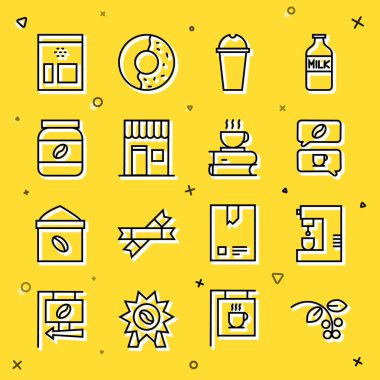 Kahve çekirdeği, dal, makine ve sohbet, milkshake, dükkan, kavanoz şişesi, kahve çekirdekleri ve fincan kitabı ikonu. Vektör