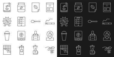 Kahve çekirdeği, dal, kahve fincanlı konum, sigara, poster, menü, madalya, kitap ve kaşık ikonu. Vektör