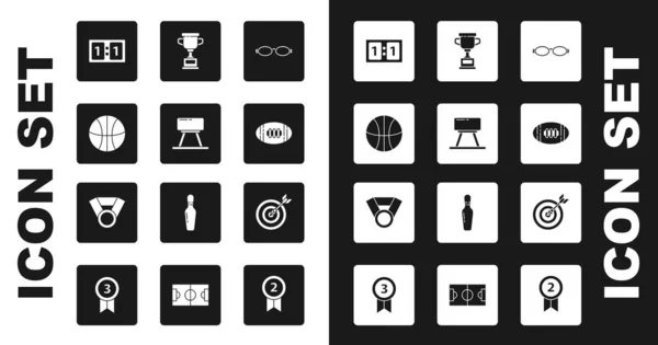 Set Glasses for swimming, Pommel horse, Basketball ball, Sport mechanical scoreboard, American Football, Award cup, Target with arrow and Medal icon. Vector — Stockvektor