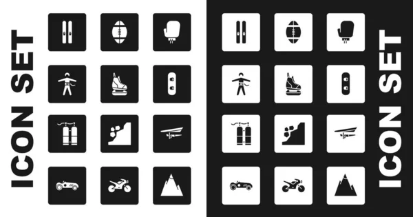 Set Boxing glove, Skates, Bungee jumping, Ski and sticks, Snowboard, Rugby ball, Hang glider and Aqualung icon. Vector — Image vectorielle
