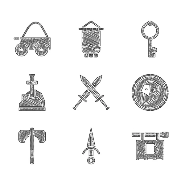 Set Keresztezett középkori kard, tőr, utcai tábla bárral, ókori érme, középkori balta, Kard a kő, Régi kulcs és fa négykerekű kocsi ikon. Vektor — Stock Vector
