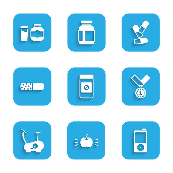Set Anabolic drugs, Apple, Music player, Medal, Stationary bicycle, Vitamin pill, and Sports nutrition icon. Vector