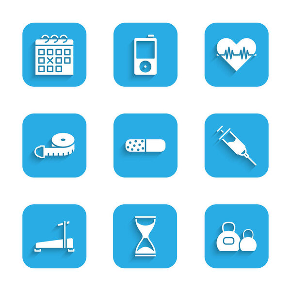 Set Vitamin pill, Old hourglass, Kettlebell, Doping syringe, Treadmill machine, Tape measure, Heart rate and Calendar fitness icon. Vector