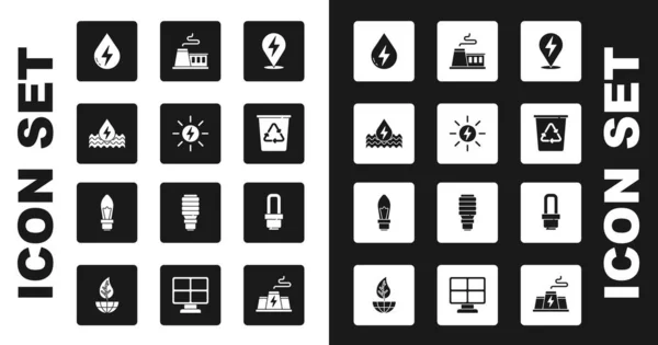 Set Lightning bolt, Solar energy panel, Water, Recycle bin with recycle, Factory, LED light bulb and icon. Vector — Stock Vector