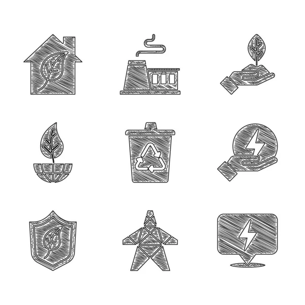 Set Recycle bin with recycle, Electric tower, Lightning bolt, Shield leaf, Earth globe and, Plant hand and Eco friendly house icon. Vector — Archivo Imágenes Vectoriales