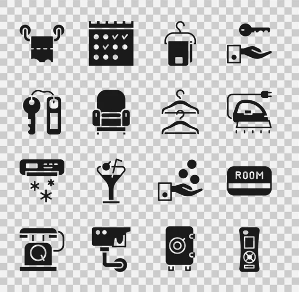 Set Remote control, Hotel key card, Electric iron, Towel hanger, Armchair, door lock, Toilet paper roll and Hanger wardrobe icon. Vector — Stockvektor