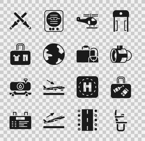 Set Airplane seat, Suitcase, Jet engine turbine, Helicopter, Worldwide, Marshalling wands and icon. Vector — Stok Vektör
