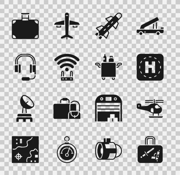 Set Suitcase, Helicopter, landing pad, Rocket, Router wi-fi signal, Headphones with microphone, and Trolley for food icon. Vector — Stok Vektör