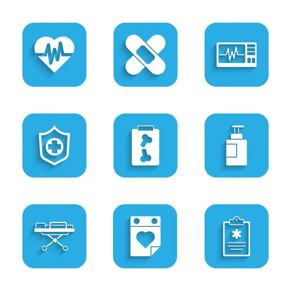 Set X-ray shots, Doctor appointment, Clinical record, Hand sanitizer bottle, Stretcher, Life insurance hand, Monitor with cardiogram and Heart rate icon. Vector — ストックベクタ