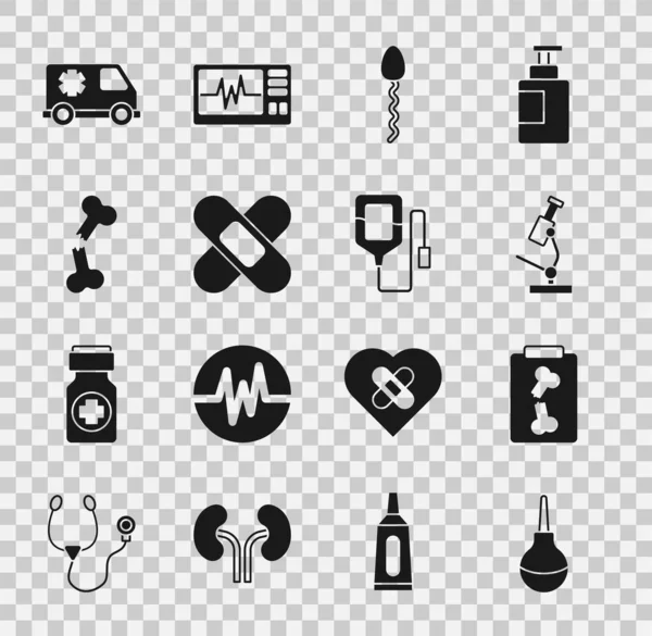 Set Enema, X-ray shots, Microscope, Sperm, Crossed bandage plaster, Human broken bone, Emergency car and IV bag icon. Vector — Archivo Imágenes Vectoriales