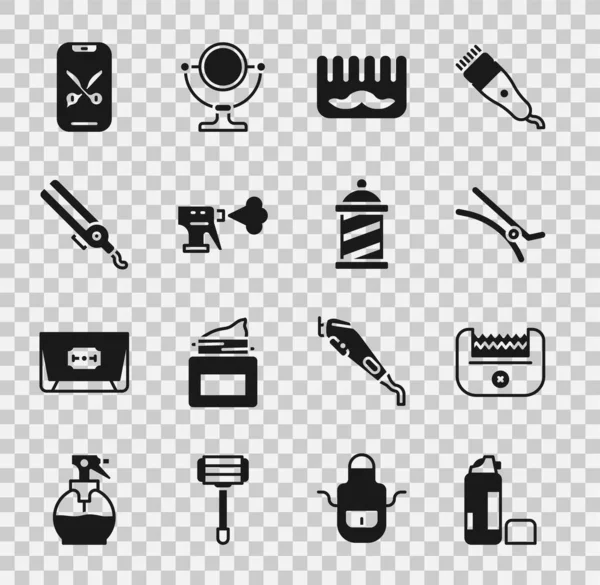 Set Shaving gel foam, Electrical hair clipper, Hair, Hairbrush, Hairdresser pistol spray bottle, Curling iron, Barber online service or platform and shop pole icon. Vector — Stockvektor