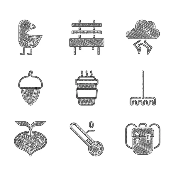 Kahve fincanını hazır et, Meteoroloji termometresi, okul çantası, bahçe tırmığı, pancar, meşe palamudu, fırtına ve küçük civciv ikonu. Vektör