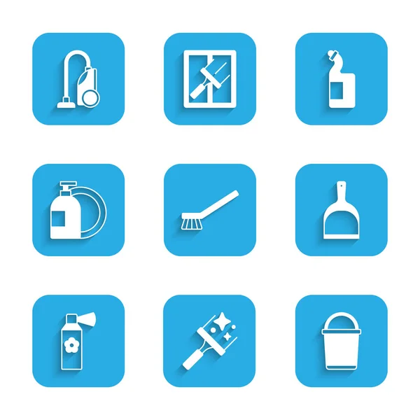 Set Pinsel für die Reinigung, Gummireiniger Fenster, Eimer, Kehrschaufel, Lufterfrischer Sprühflasche, Spülmittel und Staubsauger-Symbol. Vektor — Stockvektor