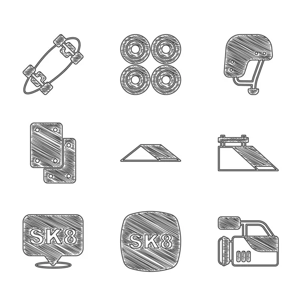 Set Skate park, Skateboard, Cinema camera, Knee pads, helmet and Longboard or skateboard icon. Vector — Archivo Imágenes Vectoriales