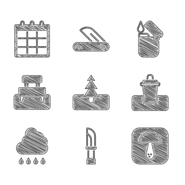 Set Tree, Knife, Mushroom, Trash can, Cloud with rain, Bench, Lighter and Calendar icon. Vector — Stok Vektör