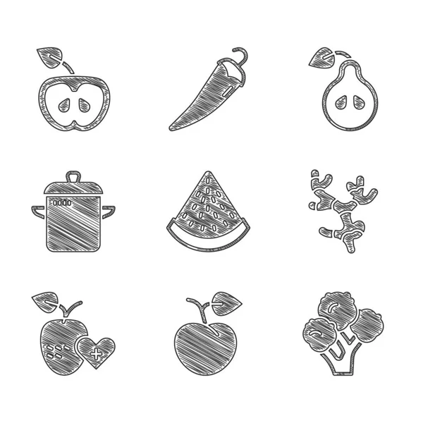 Set Watermelon, Peach fruit or nectarine, Broccoli, Ginger root, Healthy, Cooking pot, Pear and Apple icon. Vector — Archivo Imágenes Vectoriales