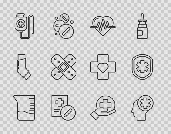 Set line Measuring cup, Male head with hospital, Heart rate, Medical prescription, IV bag, Crossed bandage plaster, medical and shield cross icon. Vector — Stockvektor