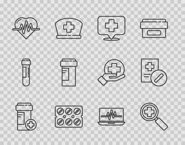 Set-Linie Medizin Flasche, Lupe für medizinische Suche, Kartenzeiger mit Kreuz Krankenhaus, Pillen Blisterpackung, Herzfrequenz, Laptop-Kardiogramm und medizinische Verschreibung Symbol. Vektor — Stockvektor