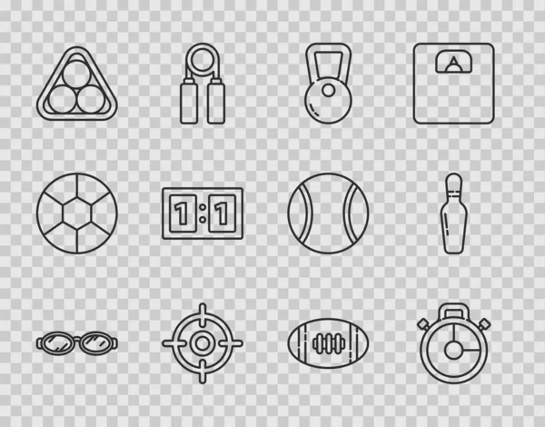 Set line Glasses for swimming, Stopwatch, Kettlebell, Target sport, Billiard balls rack triangle, Sport mechanical scoreboard, American Football and Bowling pin icon. Vector — Stock Vector