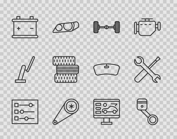 Set line Car settings, Engine piston, Chassis car, Timing belt kit, battery, tire wheel, Diagnostics condition of and Screwdriver and wrench spanner icon. Vector — Stock Vector