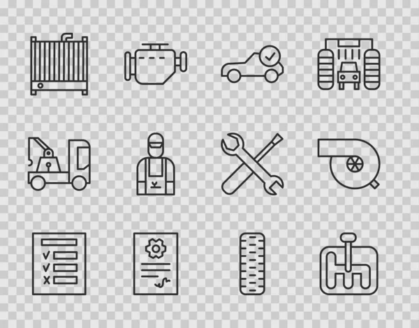 Set line Inspección de automóviles, cambio de marchas, control de servicio automático automotriz, sistema de refrigeración por radiador, mecánico, rueda de neumáticos e icono del turbocompresor automotriz. Vector — Archivo Imágenes Vectoriales