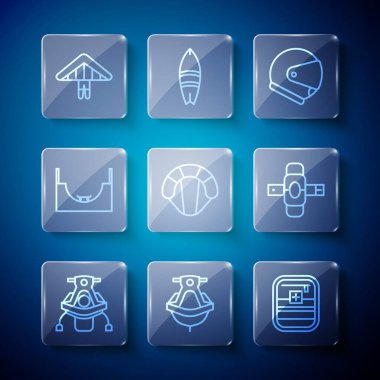 Çizgi çizgisi Snowmobile, Jet ski, ilk yardım kiti, Miğfer, Paraşüt, Kaykay Parkı, Hang Plander ve Knee pedleri simgesi. Vektör