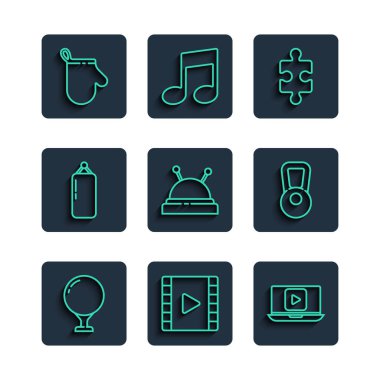 Golf topunu başlangıç noktasına getir, Play Video, Online oyun videosu, yapboz parçası, iğne ve iğne, kum torbası, fırın eldiveni ve Kettlebell ikonu. Vektör