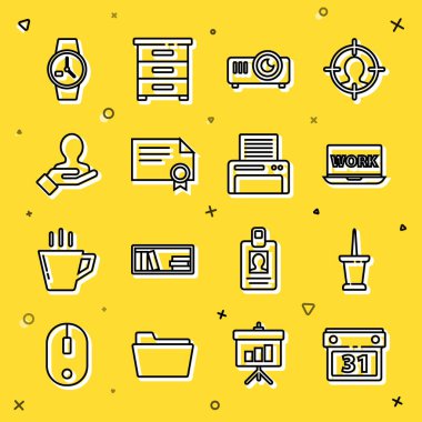 Satır Calendar, Push pin, dizüstü bilgisayar ile metin çalışması, film, medya projektörü, sertifika şablonu, arama insanları için el yazısı, bilek saati ve yazıcı simgesi. Vektör